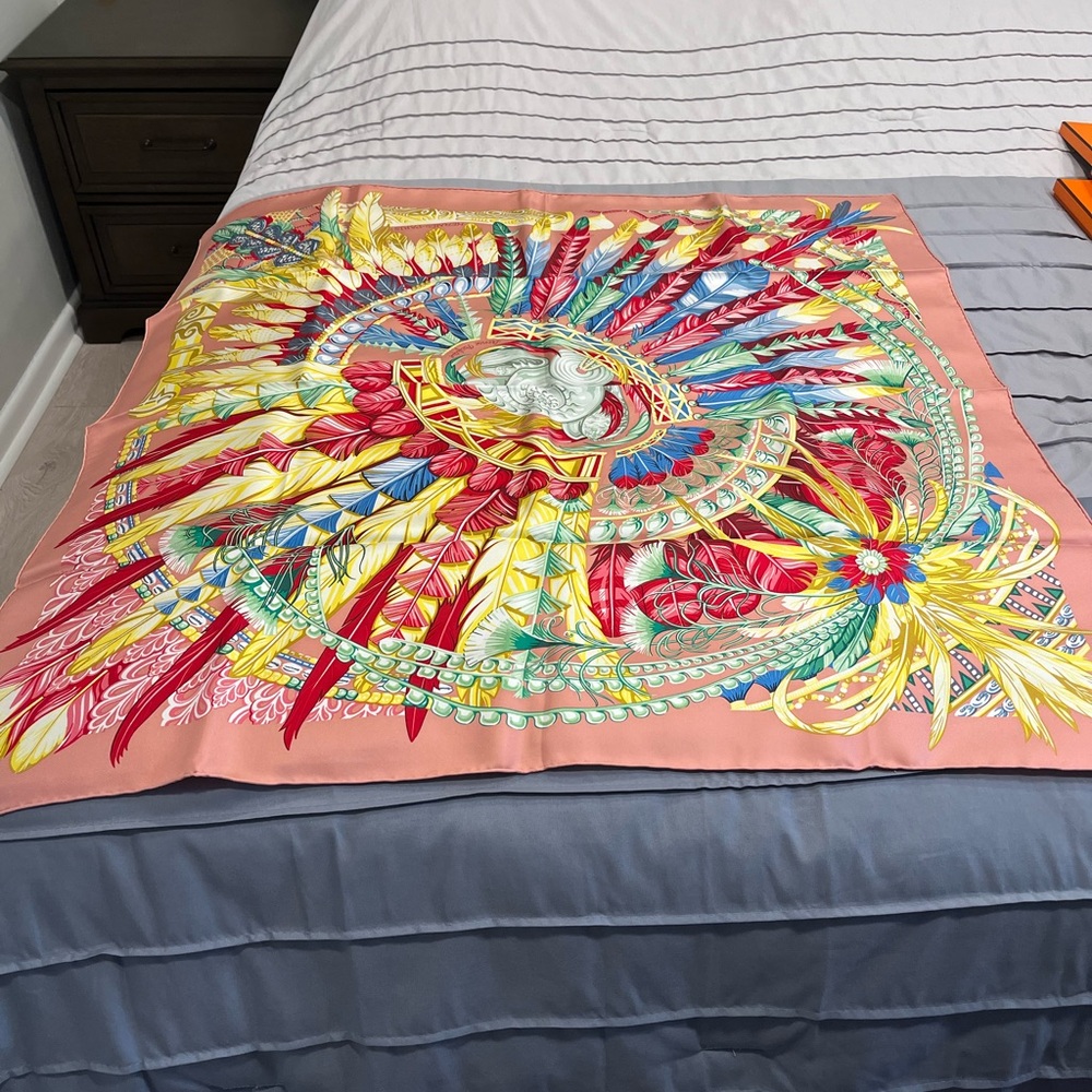 Hermes 90 Feather Print Silk Scarf